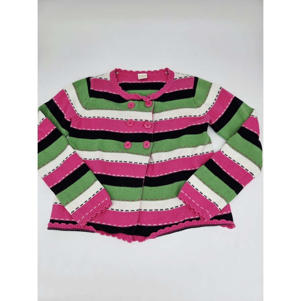 Gymboree Garden Friends Striped Cardigan Sweater Size M 7-8 Pink Green Buttons